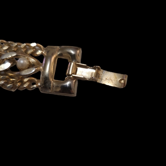 Vintage Goldish Chain Link with Faux Pearl Bracelet L10 - Picture 3 of 6